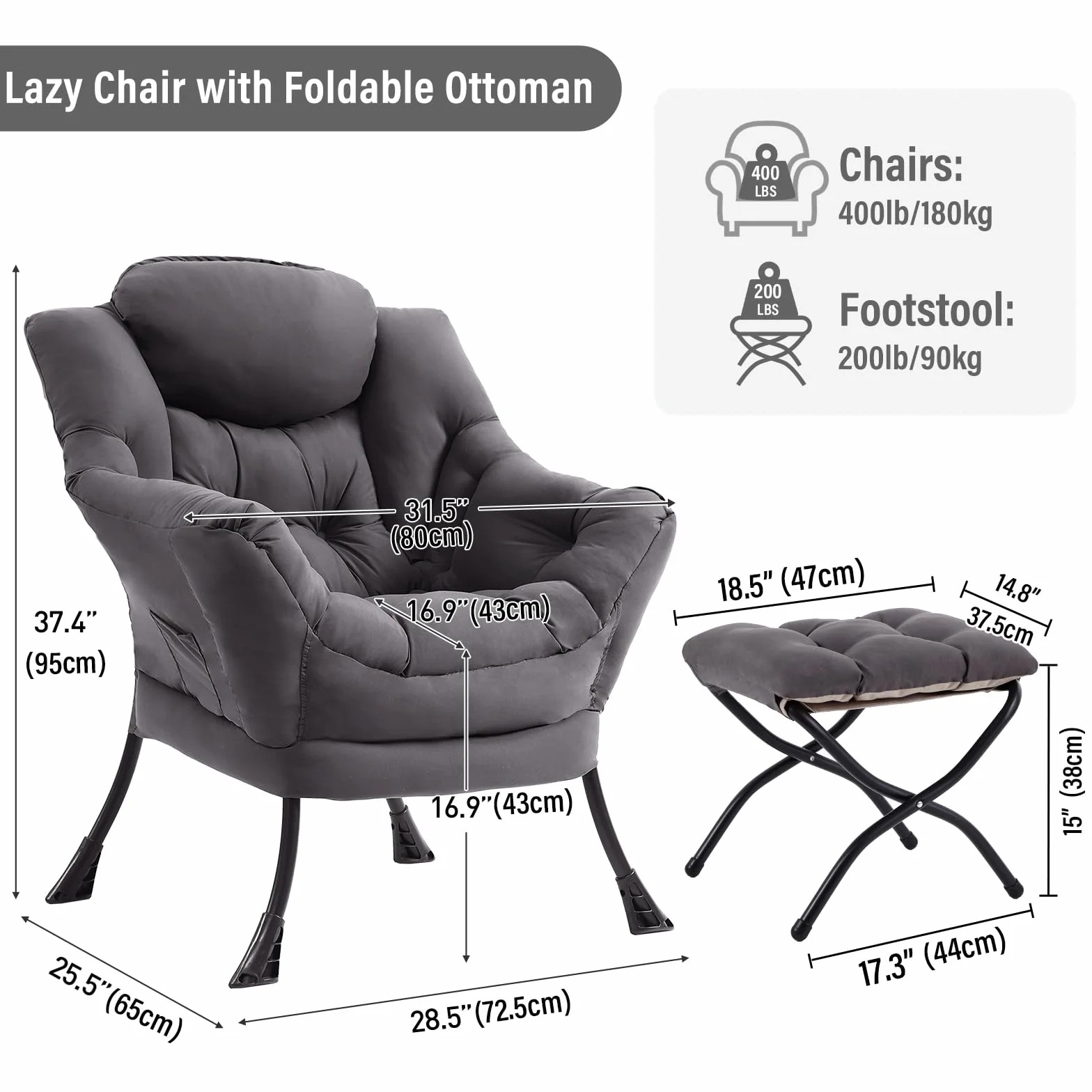 Furlide Lazy Chair with Ottoman, Modern Chair with Folding Footrest, Dark Grey Accent Chair, Comfortable Reading Chair, Oversized Armchairs for Bedroom, Study, Living Room, Courtyard | Accent Lounge Chair with folding Foot Stool, Removable Washable Cover