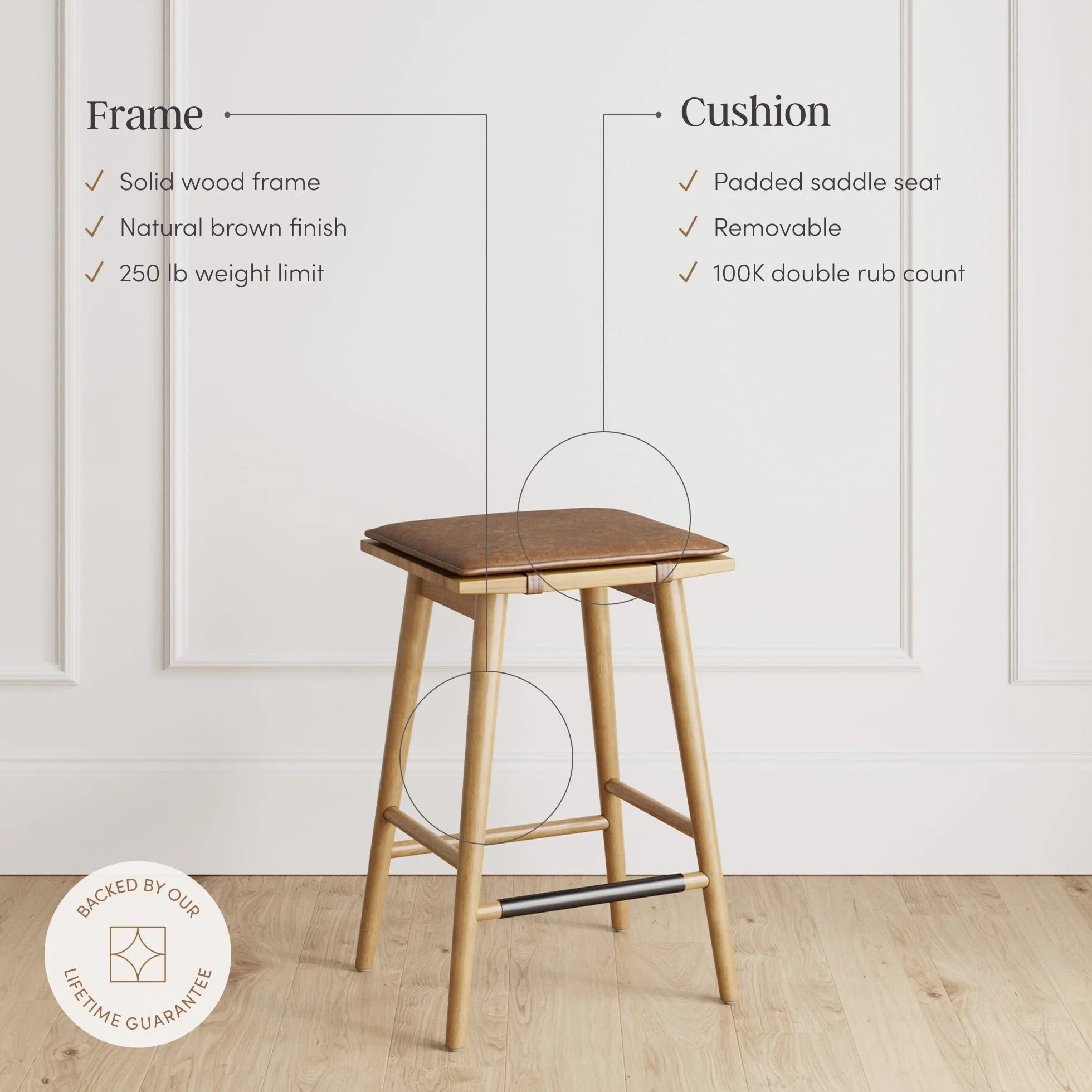 Nathan James Barker Classic Counter Height Wood Barstool with Leather Removable Cushion, Backless Island 24" Bar Stool for Kitchen, Chestnut Brown