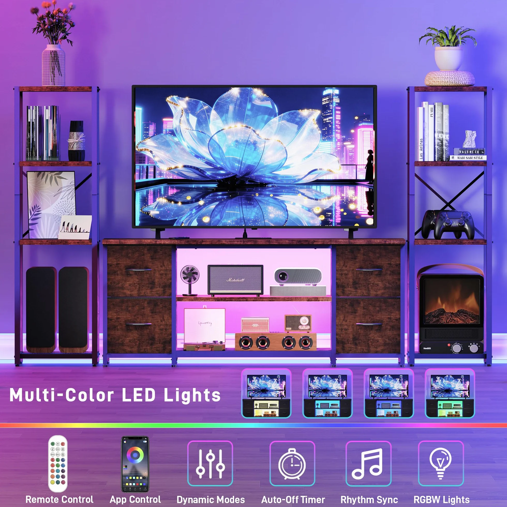 LED TV Stand Bookshelf Combo with Charging Station for 65 60 55 Inch TV, Entertainment Center with Lights & Drawers, Industrial Media TV Console Table for Living Room Bedroom Office, Rustic Brown