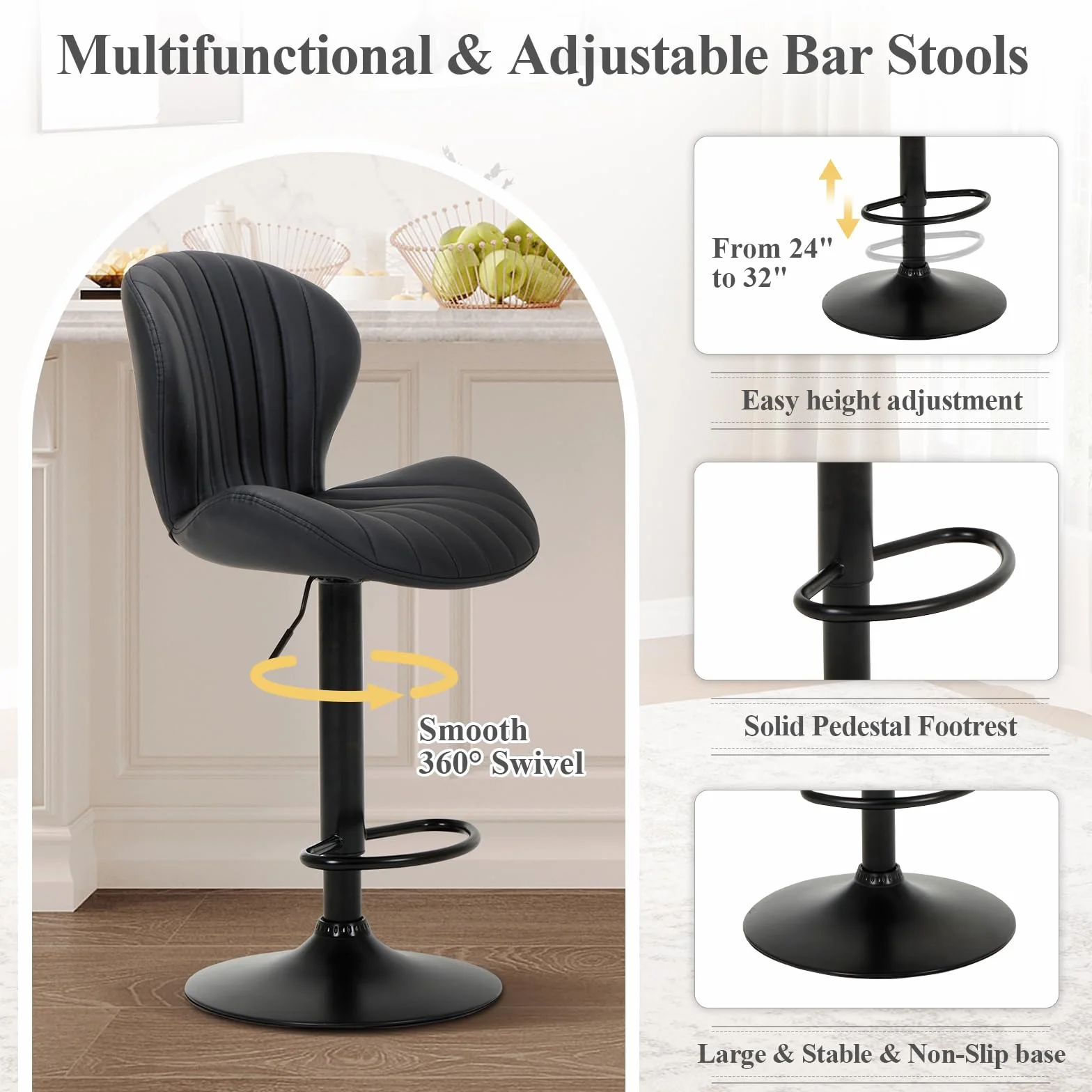COLAMY Bar Stools Set of 4, Modern Swivel Bar Chairs, Adjustable Faux Leather Upholstered Barstools Counter Height with High Backrest for Bar, Kitchen Island, Dining Room, Black