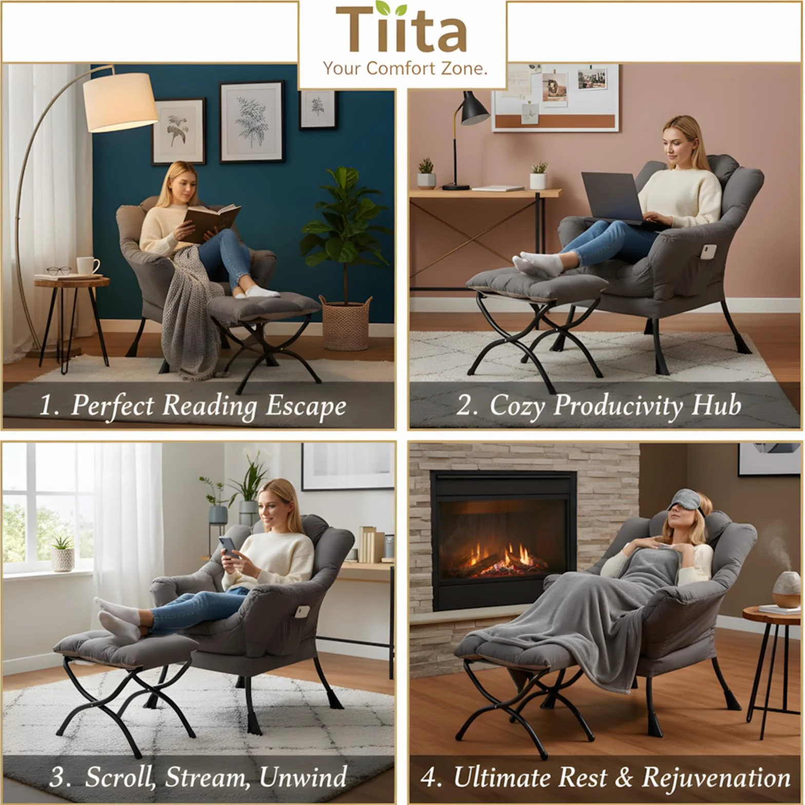 Lazy Chair with Ottoman, Comfy Reading Accent Chair, Dark Grey | Foldable Footrest, Padded Seat and Backrest, Side Pocket for Lounging in Living Rooms, Bedrooms, Dorms and Small Spaces