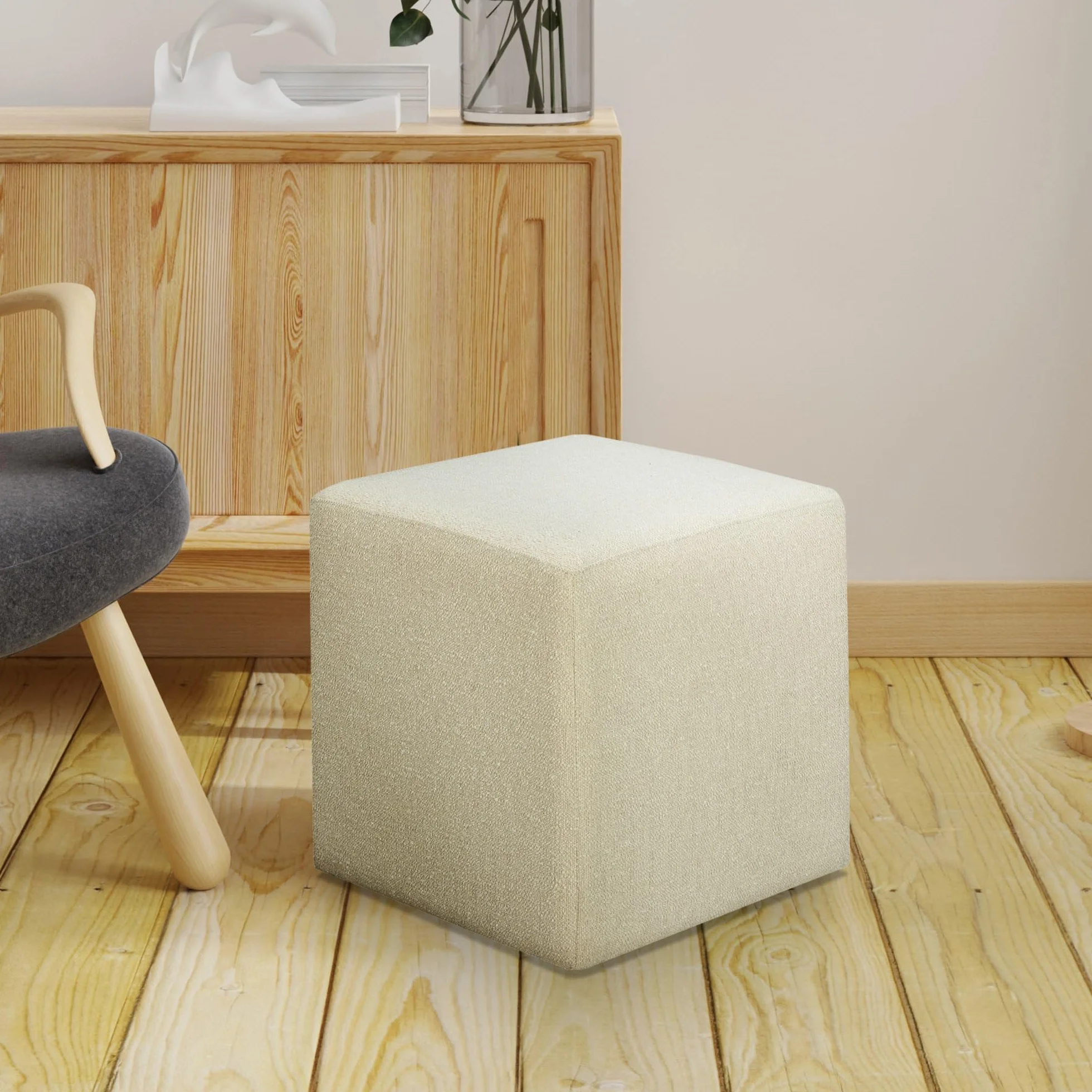 Studio Living Warren 18" Cube Ottoman, Urban Transitional, Fully Assembled, Soft Boucle Fabric, Snow