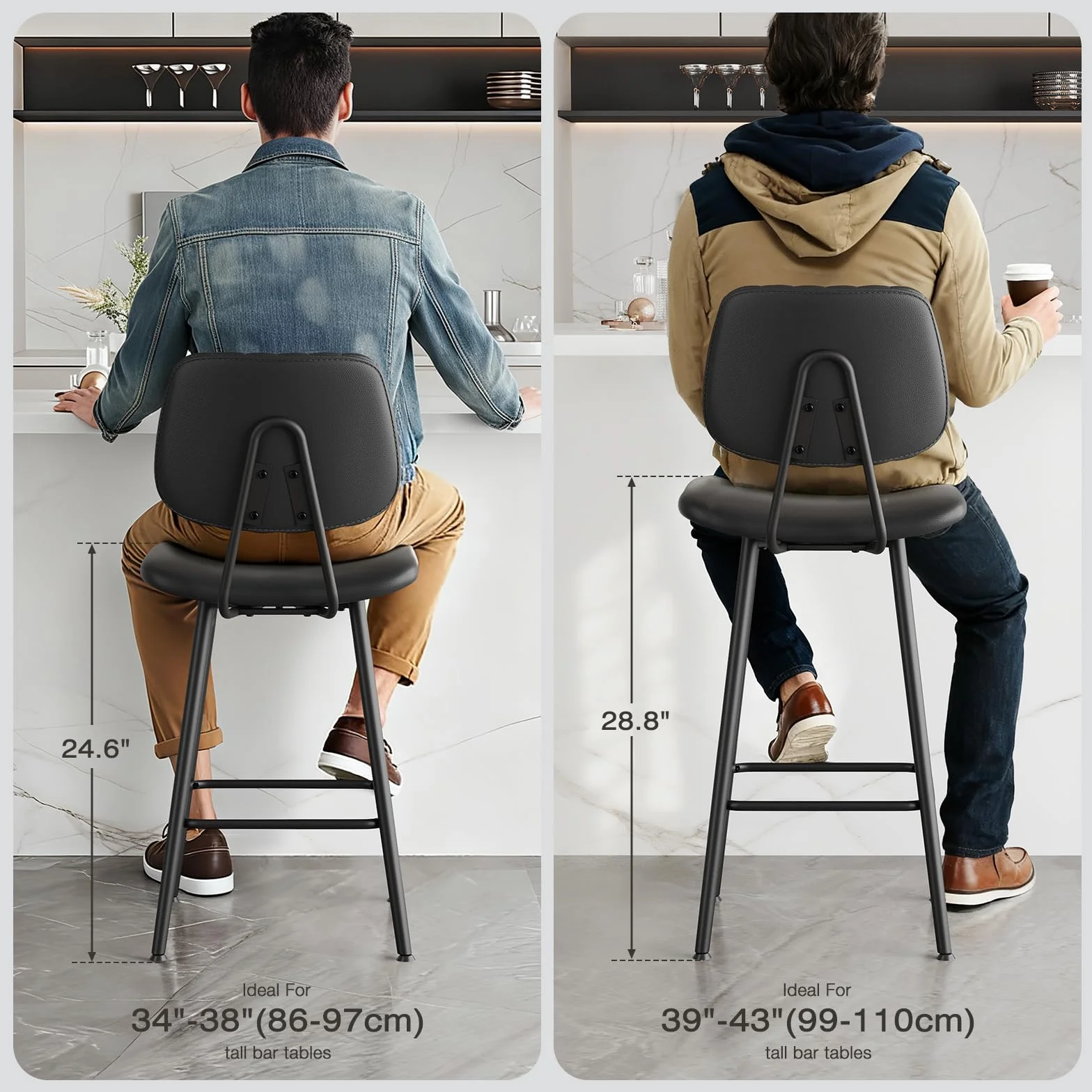 Raynesys 24-Inch Leather Bar Stools Set of 2 with High Backrest, Black | Faux Leather, Counter Height Barstools, Heavy Duty Metal Legs, With Footrest, For Kitchen Island