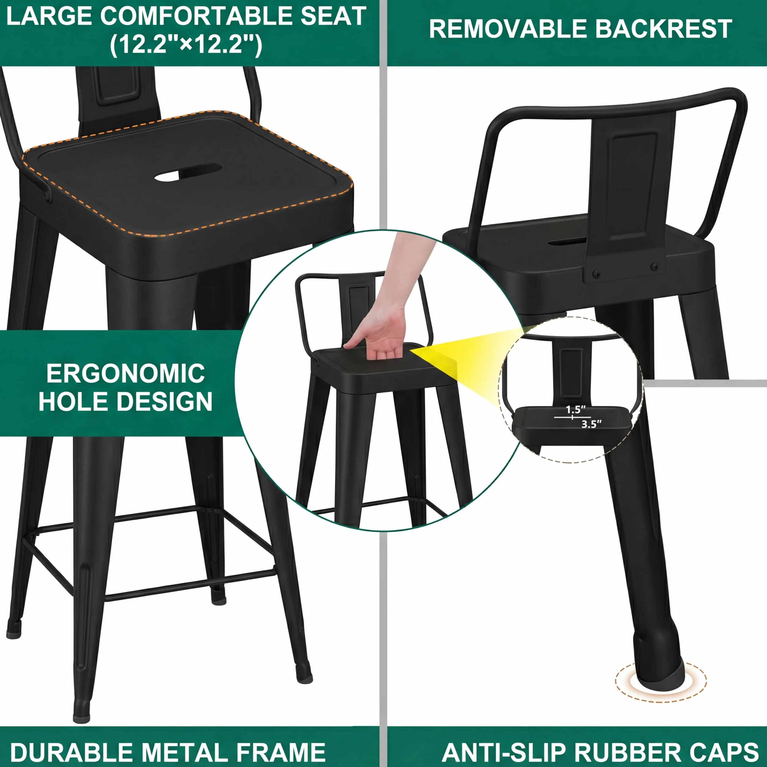 WENTMENT Metal Bar Stools Set of 4 Counter Height Black Barstools with Removable Back 24" Kitchen Bar Stools