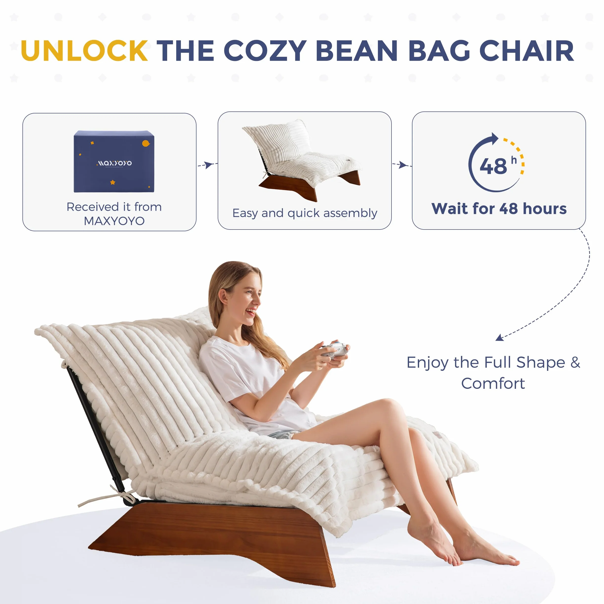 MAXYOYO Adjustable Living Room Chair, 3-Position Bean Bag Chair with Frame | Upholstered Accent Chair with Frame, Removable Cushion, Soft Reclining Lounge for Bedroom, Apartment, Office, Beige